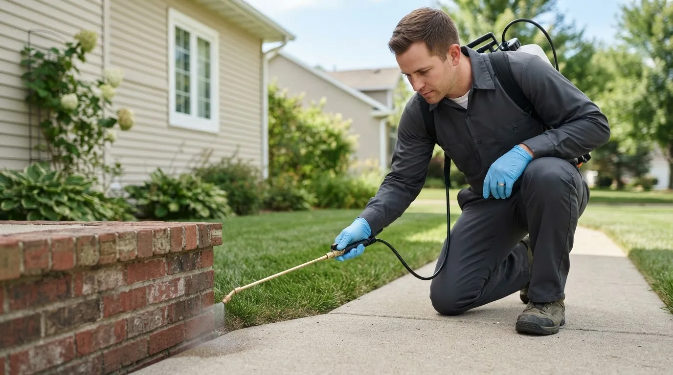 Pest control technician treating a home near Gate, OK